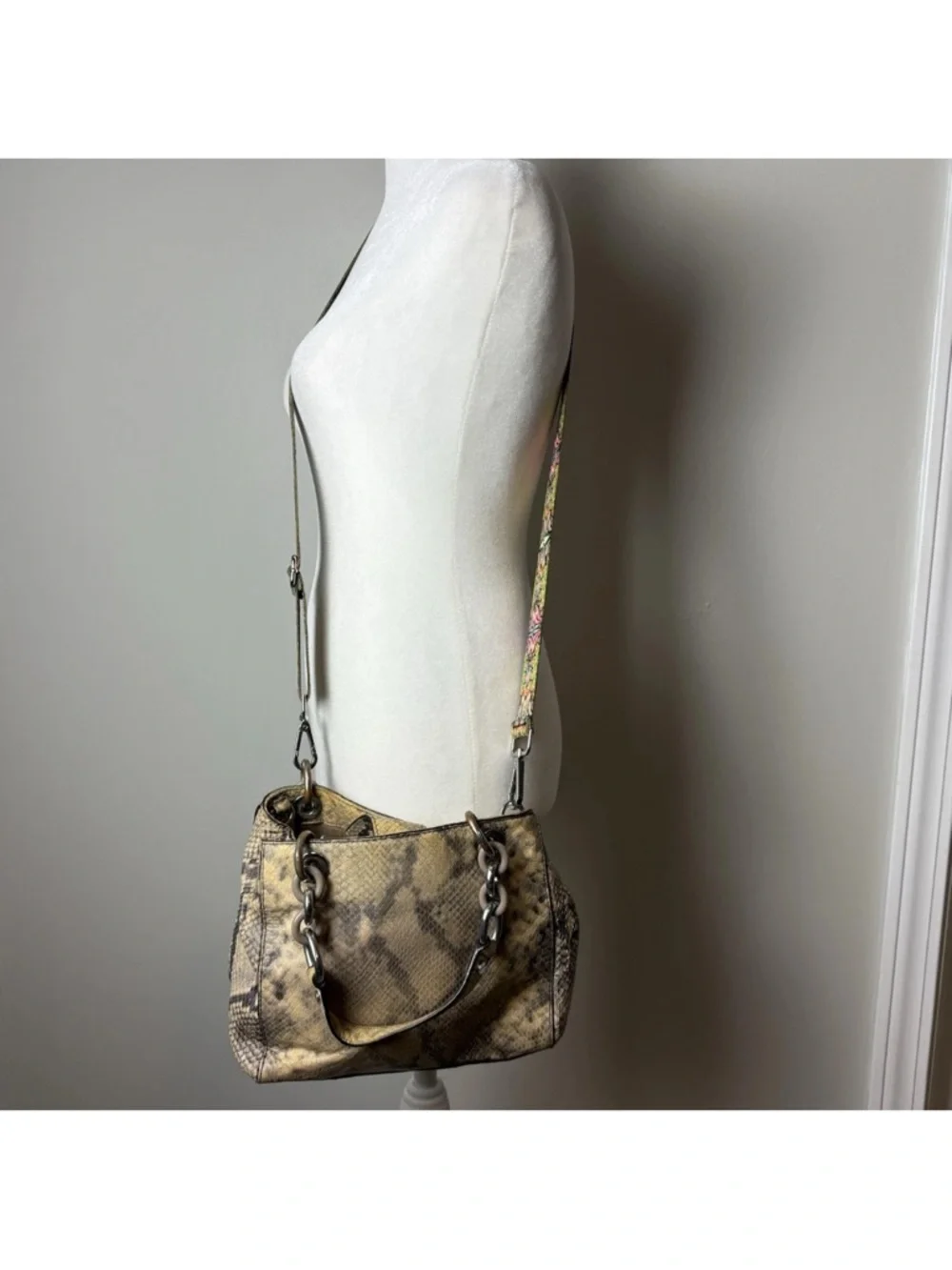 Michael Kors Satchel Brown Python Embossed Leather with 2 Charms - Picture 7 of 9